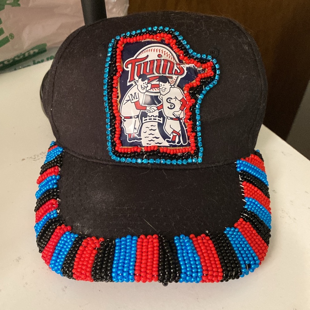 Hand Crafted Black Cap with Red and Blue Beads. For Minnesota Twins fans